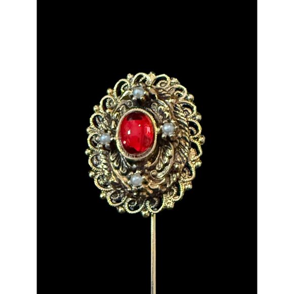 Vintage Gold Tone Filigree Stick Hat Lapel Pin w/ Red Faux Gemstone & Pearls - Picture 3 of 4